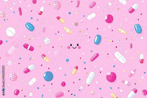 Whimsical pattern of pills and capsules on a pastel pink background evoking a sense of fun and light heartedness in modern healthcare