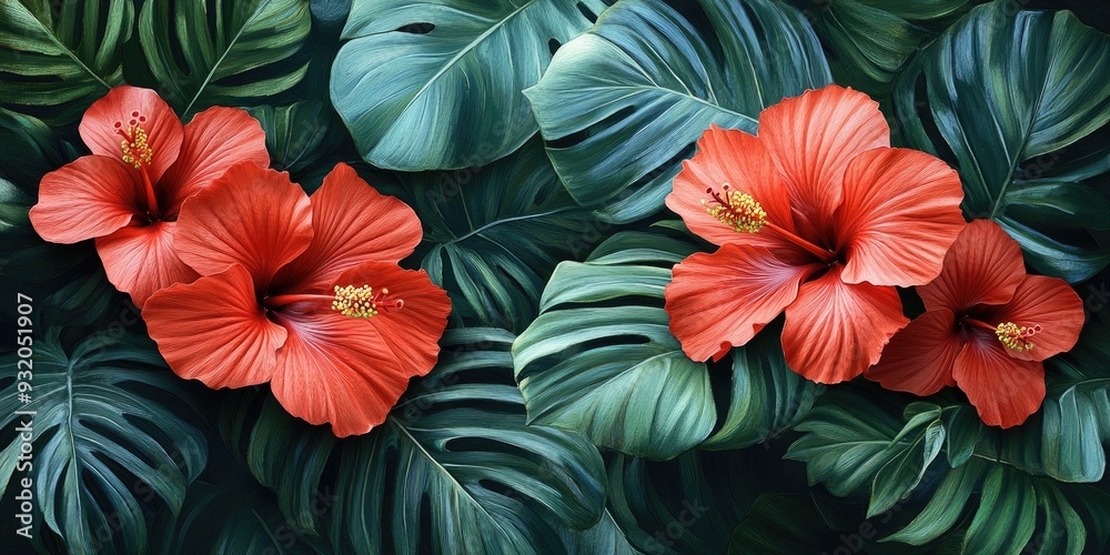 Vibrant Red Hibiscus Flowers Amidst Lush Green Tropical Leaves Vibrant Red Hibiscus Flowers Amidst Lush Green Tropical Leaves