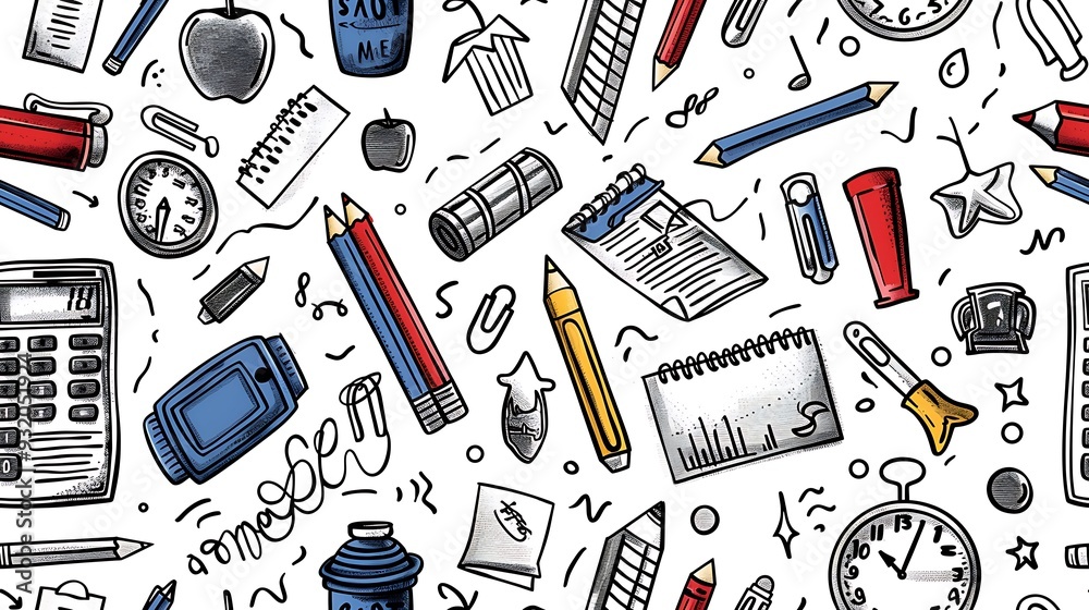 A seamless pattern filled with doodles of school supplies, including paper clips, colored pencils, sticky notes, and calculators, in a hand-drawn style, colorful and whimsical, A seamless pattern filled with doodles of school supplies, including paper clips, colored pencils, sticky notes, and calculators, in a hand-drawn style, colorful and whimsical,