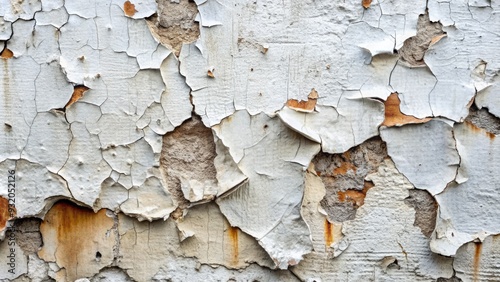 Cracked and faded chipped white wall with peeling paint and rough texture, revealing underlying layers, creating a distressed and worn urban industrial aesthetic.