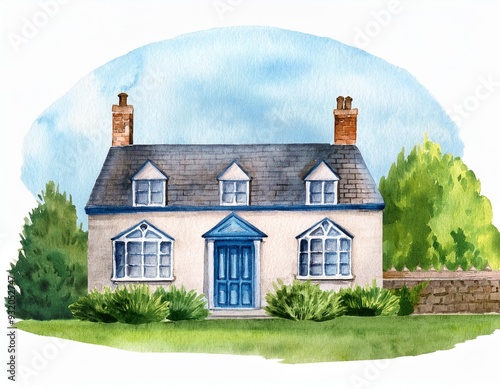 Traditional English house on an green lawn isolated on white background. Watercolor hand drawn illustration of British cottage with garden and sky photo