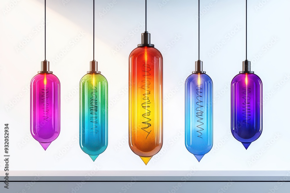 Colorful hanging lights create a vibrant atmosphere, showcasing modern design and artistic flair in contemporary decor. Colorful hanging lights create a vibrant atmosphere, showcasing modern design and artistic flair in contemporary decor.