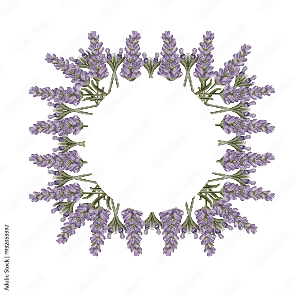 Lavender wreath with purple flowers and green stems arranged in a circular pattern Lavender wreath with purple flowers and green stems arranged in a circular pattern