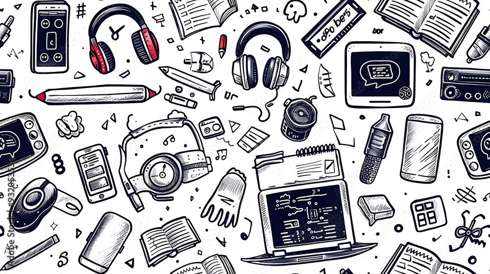 A seamless pattern filled with doodles of tech class essentials, including laptops, tablets, headphones, and coding symbols, alongside fun items like microchips and computer mice, in bright colors, A seamless pattern filled with doodles of tech class essentials, including laptops, tablets, headphones, and coding symbols, alongside fun items like microchips and computer mice, in bright colors,