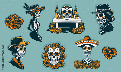 Set of hand drawn Day of the Dead stickers - la Calavera Catrina, skeleton in sombrero, Mexican sugar skulls, altar with candles (ofrenda) and marigold flowers cut out. Dia de los Muertos decoration