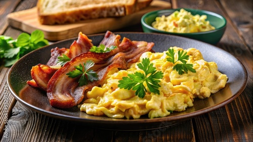 Crispy bacon strips and golden-brown scrambled eggs sit atop a toasted plate, surrounded by fresh parsley and a dollop of creamy butter, morning sunlight gleaming. photo