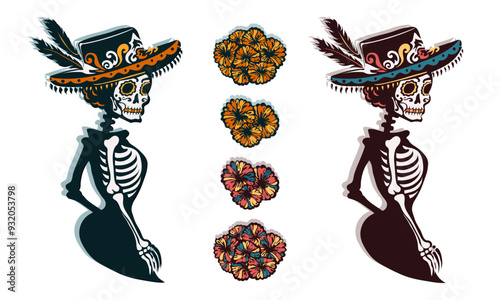 Dia de los Muertos stickers with hand drawn la Calavera Catrina with ornate face paint. Female skeleton in a hat with feathers and marigold flowers on white background for Mexican Day of the Dead