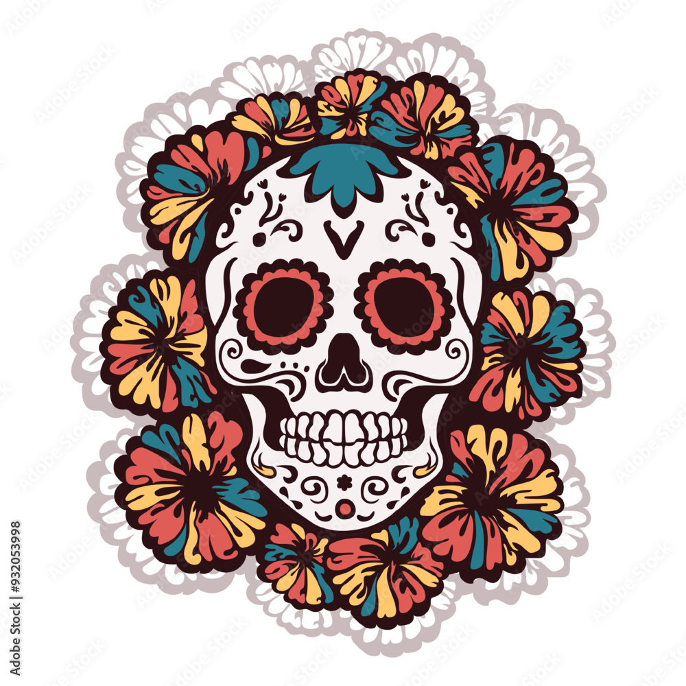 Linear decorated Calavera with intricate designs surrounded by vibrant marigold flowers symbolizing the Day of the Dead's celebration of life and remembrance. Dia de los Muertos sugar skull calaca art Linear decorated Calavera with intricate designs surrounded by vibrant marigold flowers symbolizing the Day of the Dead's celebration of life and remembrance. Dia de los Muertos sugar skull calaca art