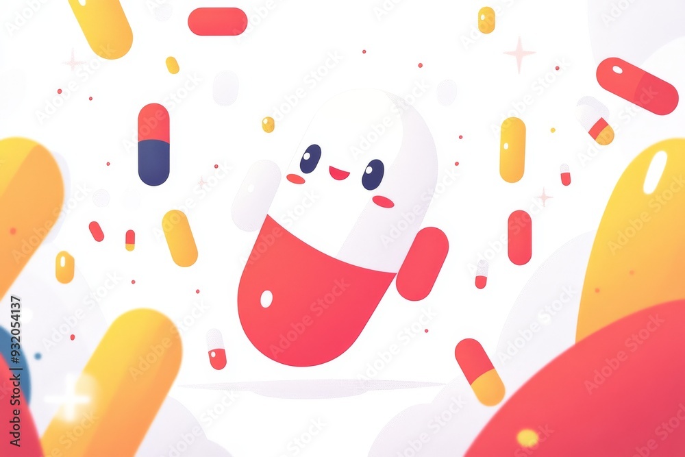 Dynamic and colorful abstract illustration of a capsule in mid air on a white background symbolizing energy and innovation in healthcare Dynamic and colorful abstract illustration of a capsule in mid air on a white background symbolizing energy and innovation in healthcare