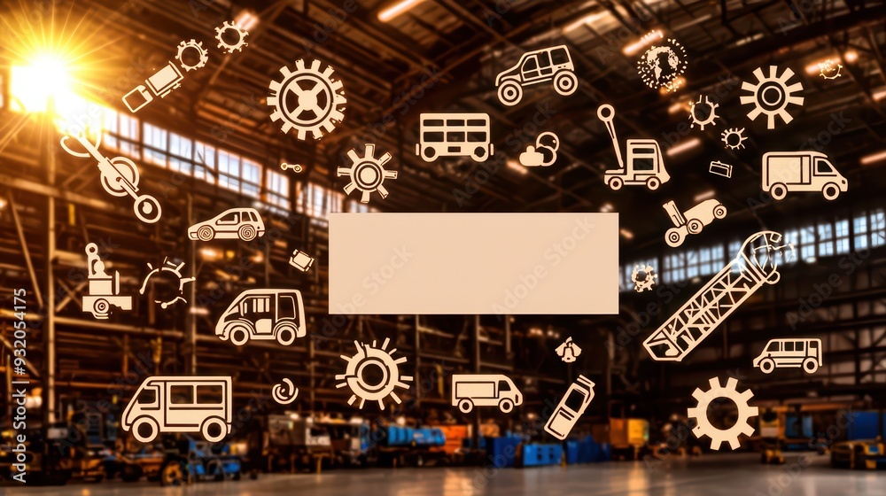 Fototapeta premium Industrial workspace featuring machinery icons and sunlight, ideal for technology and manufacturing themes.
