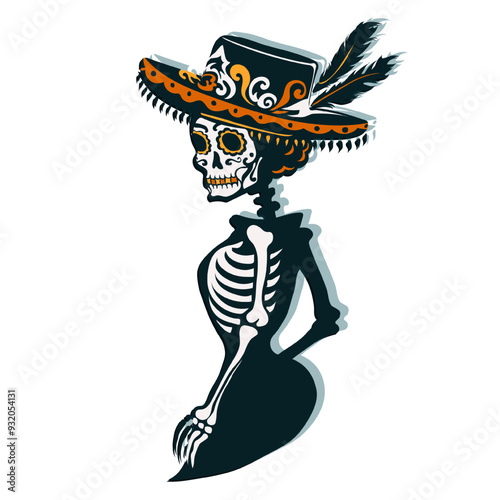 Dia de los Muertos sticker with hand drawn la Calavera Catrina with ornate face paint. Female skeleton in a hat with feathers on white background for Mexican Day of the Dead