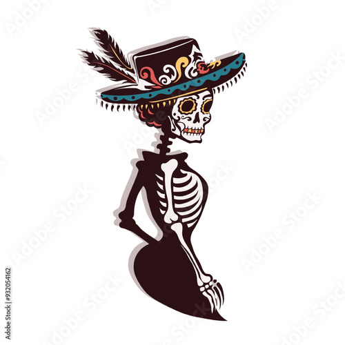 Hand drawn female skeleton, dressed in traditional Mexican attire isolated on white background. Illustration of la Calavera Catrina in a decorated wide-brimmed hat with feathers and colorful patterns
