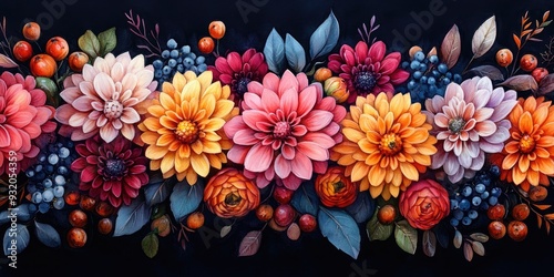Wallpaper Mural Watercolor Painting of a Floral Border with Dahlias, Berries, and Leaves Torontodigital.ca