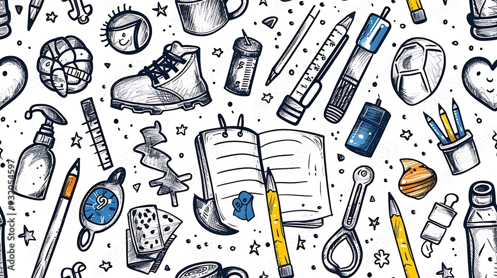 A seamless pattern of doodles featuring school supplies, including crayons, notebooks, rulers, and paper clips, arranged randomly, in a bright and cheerful color scheme, on a white background,
