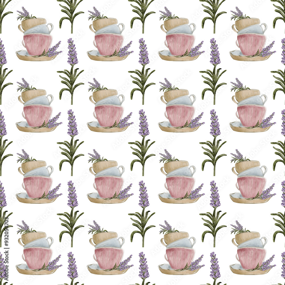 Pattern of teacups, lavender, and herbs arranged on a light background