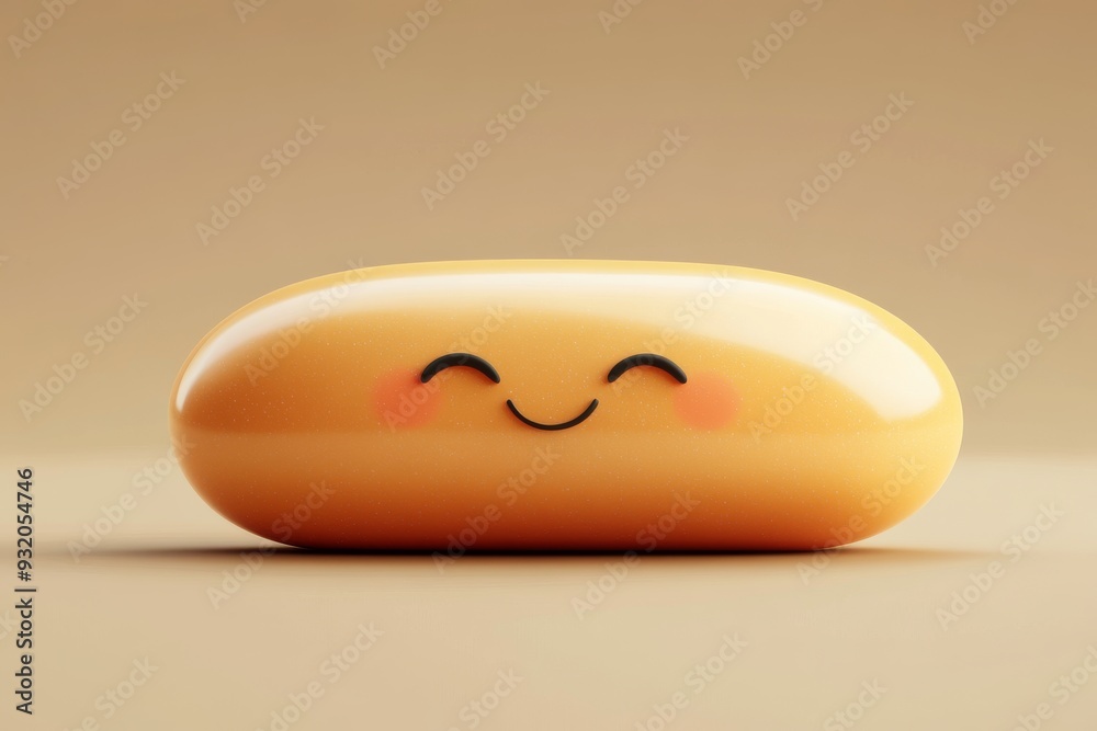 Minimalist cartoon pill character with a smiling face on a soft beige ...