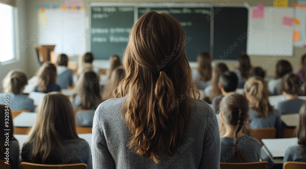 Back to School Female Student in Classroom Setting Focused on Chalkboard Back to School Female Student in Classroom Setting Focused on Chalkboard