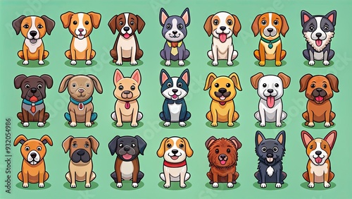 Cute and colorful vector icons of dogs in various breeds, poses, and emotions, perfect for use in pet-related designs, logos, and illustrations.