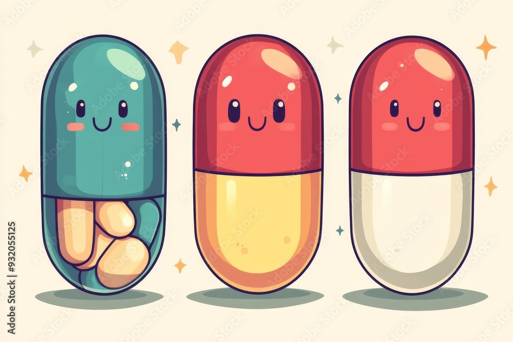 Cute cartoon capsule characters with smiling faces on a beige background symbolizing the friendly and approachable side of healthcare Cute cartoon capsule characters with smiling faces on a beige background symbolizing the friendly and approachable side of healthcare