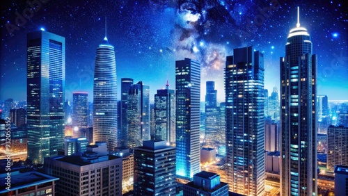 Dark blue cityscape at dusk with sleek skyscrapers, neon lights, and stars twinkling above, symbolizing modernity, innovation, and vibrant urban nightlife. photo