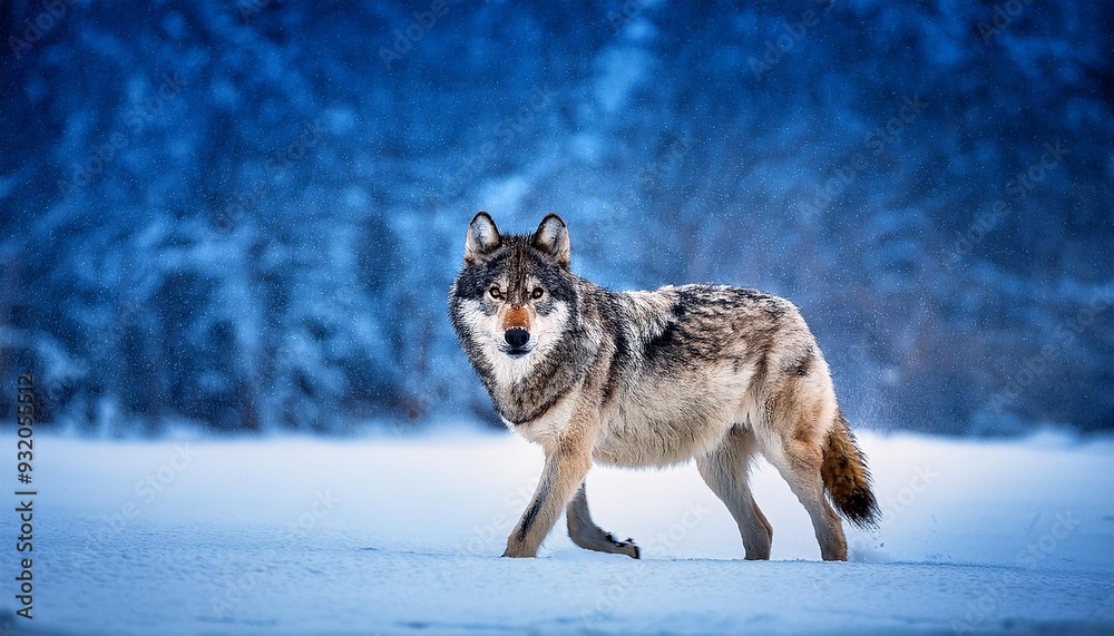 Fototapeta premium Lone Wolf Traversing Snowy Winter Landscape