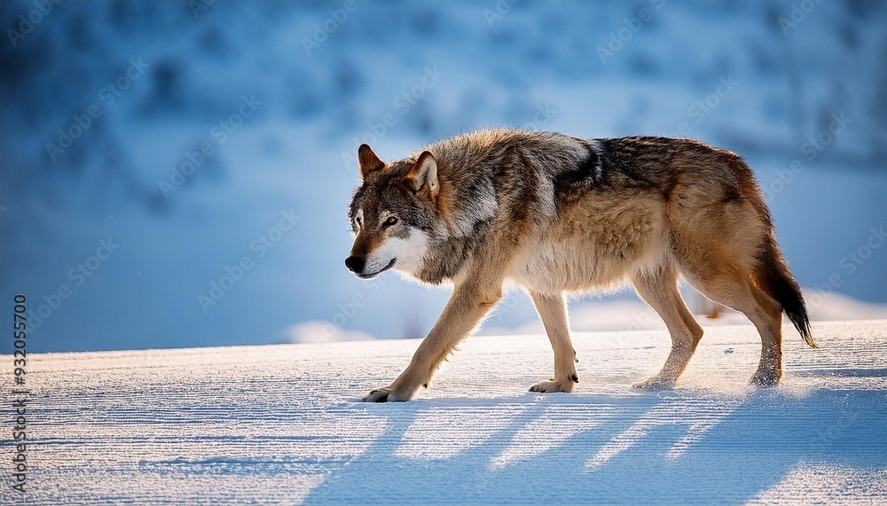 Obraz premium Lone Wolf Traversing Snowy Winter Landscape