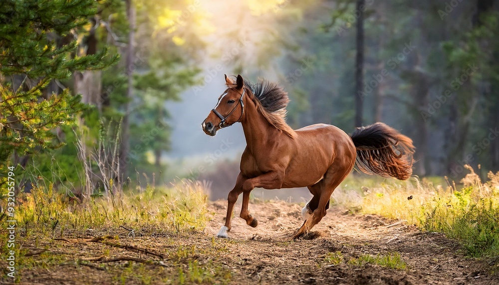 Fototapeta premium Graceful Horse Galloping Through Sunlit Forest Path