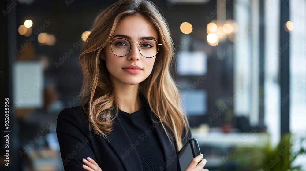 A woman with a serious, confident expression, holding a phone, ready for business in a sleek, modern office setting A woman with a serious, confident expression, holding a phone, ready for business in a sleek, modern office setting