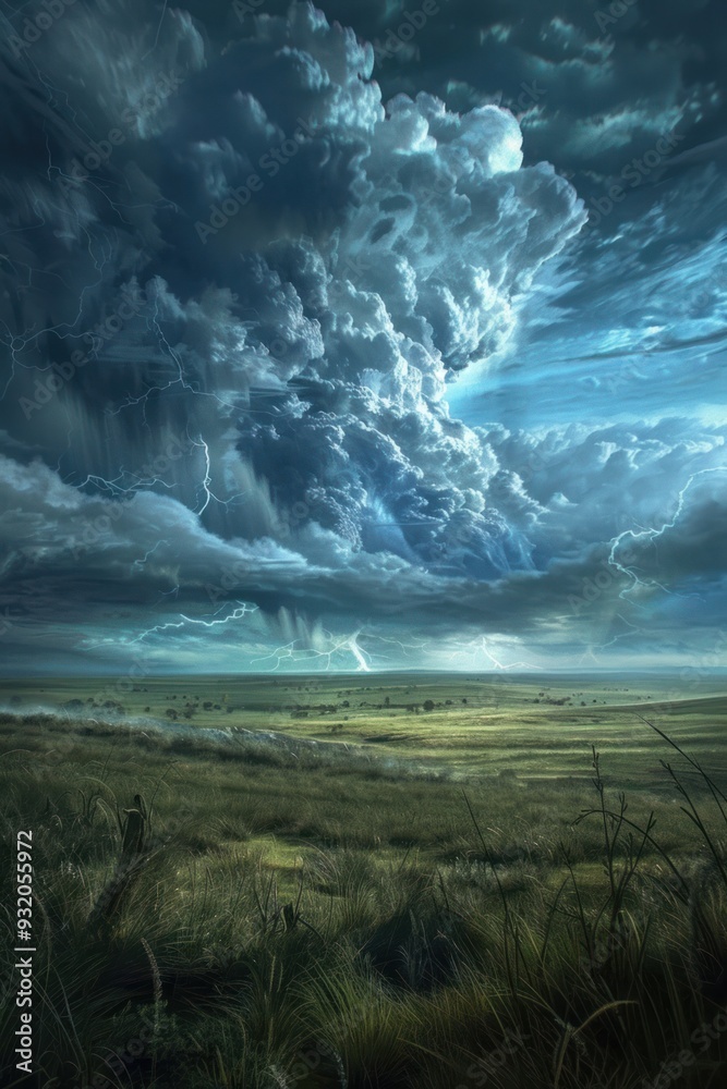 Rolling Thunder Over Vast Grasslands - Intense thunderstorm with dramatic lightning and heavy clouds rolling over expansive grasslands, showcasing nature's raw power. Rolling Thunder Over Vast Grasslands - Intense thunderstorm with dramatic lightning and heavy clouds rolling over expansive grasslands, showcasing nature's raw power.
