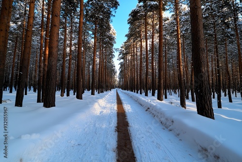  Path through snow-dusted pine forest, winter serenity and calm