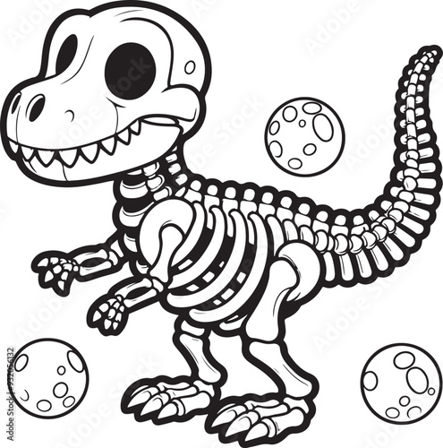 Cartoon dinosaur Skeleton outlined for coloring book isolated on a white background, Line Drawing of a Dancing Skeleton