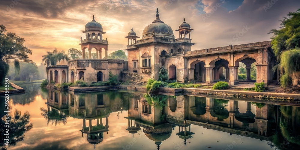 Naklejka premium A forgotten sanctuary retains tranquil grandeur, its faded tones evoking nostalgia for a bygone era, where peace and serenity reign supreme.