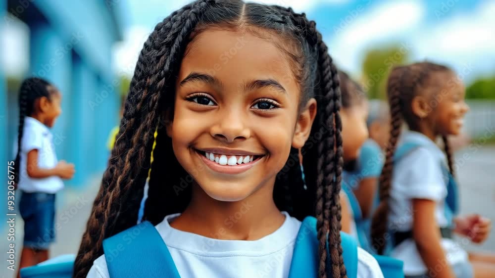 A joyful girl with braids radiates happiness, surrounded by friends in a colorful schoolyard during midday sunshine A joyful girl with braids radiates happiness, surrounded by friends in a colorful schoolyard during midday sunshine