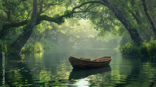 A wooden boat rests quietly on still water, enveloped by vibrant trees and tranquil nature at dawn. Generative AI