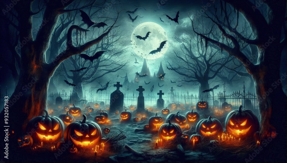 Digital art in a spooky Halloween style, featuring a graveyard filled with sinister Jack O' Lanterns, haunted trees, and bats flying against a dark, misty night Digital art in a spooky Halloween style, featuring a graveyard filled with sinister Jack O' Lanterns, haunted trees, and bats flying against a dark, misty night