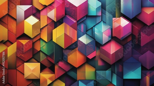 Cubes with a variety of triangle patterns, forming a colorful, abstract geometric design.