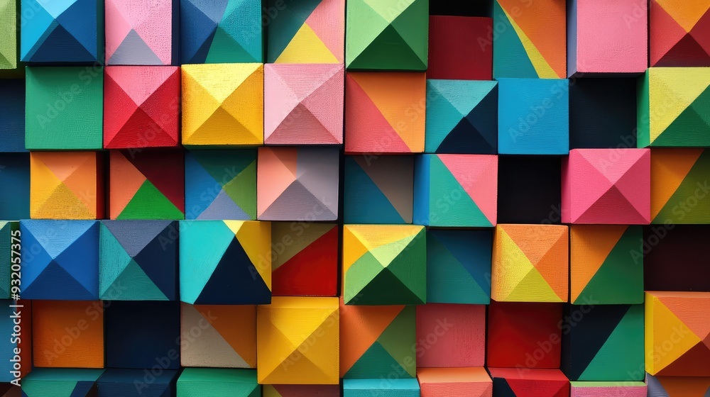 Colorful cubes with different triangle patterns on each face, creating a playful, geometric display. Colorful cubes with different triangle patterns on each face, creating a playful, geometric display.