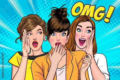 Woman whispering gossip secret to her friend surprise In Retro Vintage Pop Art Comic Style
