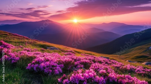 Sunrise over mountain range with field of flowers