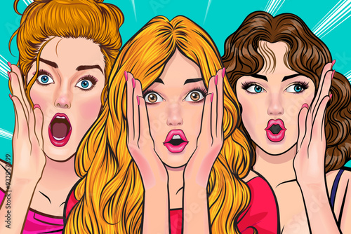 Woman whispering gossip secret to her friend surprise In Retro Vintage Pop Art Comic Style