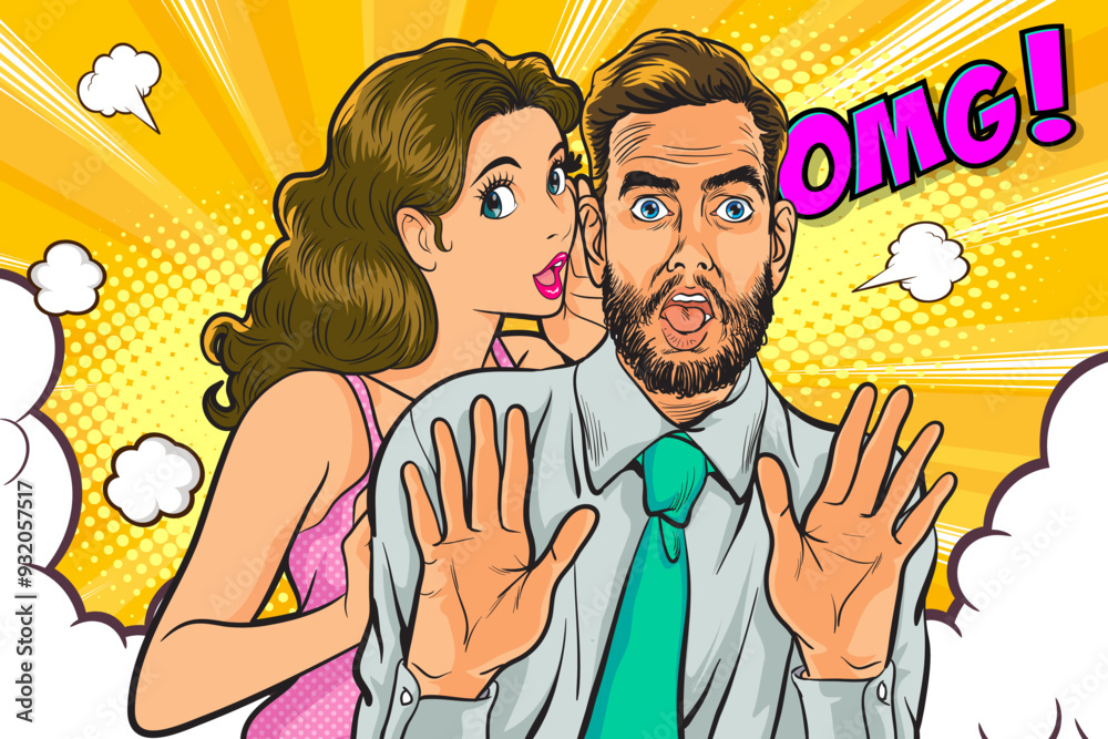 Obraz premium people whispering gossip or business secret to friend surprised In Retro Vintage Pop Art Comic Style