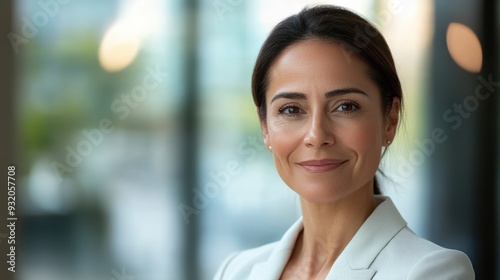 Headshot close up portrait of latin hispanic confident mature good looking middle age leader, ceo female businesswoman on blur office background. Gorgeous beautiful business woman smiling at camera