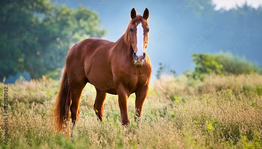 Fototapeta premium Graceful Horse Galloping Through Sunlit Forest Path