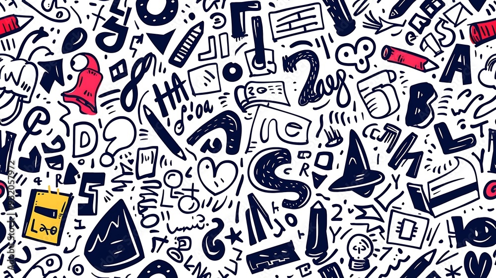 A seamless pattern of doodles with letters and numbers in quirky and playful fonts, arranged chaotically, vibrant colors, on a light gray background, fun and energetic design, hd quality. A seamless pattern of doodles with letters and numbers in quirky and playful fonts, arranged chaotically, vibrant colors, on a light gray background, fun and energetic design, hd quality.