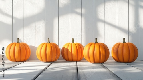 Orange halloween pumpkins on white planks, holiday decoration. Created with Generative AI technology. photo