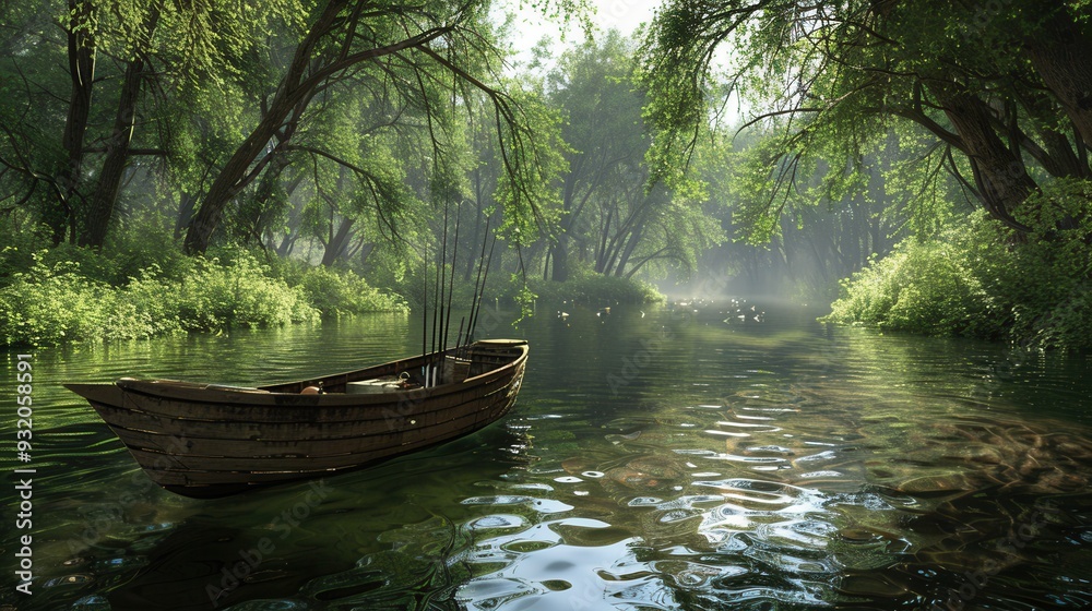 A wooden boat drifts peacefully on still waters, enveloped by vibrant green trees and soft morning light in a tranquil river landscape. Generative AI A wooden boat drifts peacefully on still waters, enveloped by vibrant green trees and soft morning light in a tranquil river landscape. Generative AI