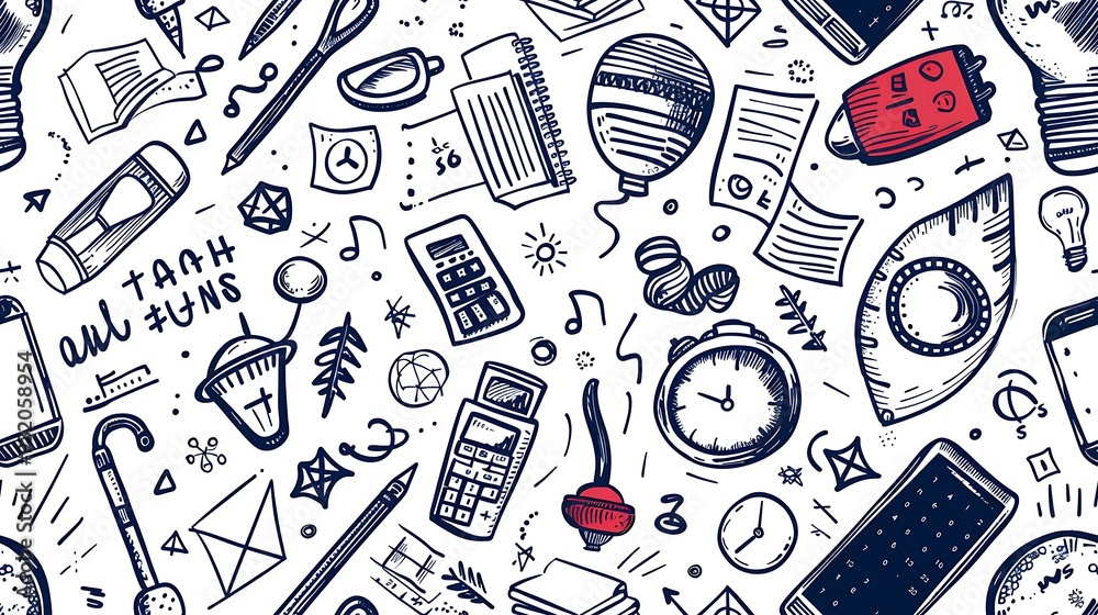 A seamless pattern of doodles with mathematical equations, geometric shapes, and calculators, arranged chaotically, bright and cheerful colors, on a light gray background, fun and lively, hd quality. A seamless pattern of doodles with mathematical equations, geometric shapes, and calculators, arranged chaotically, bright and cheerful colors, on a light gray background, fun and lively, hd quality.