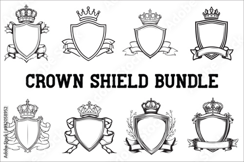 Crown headed Shield silhouette Bundle. sword Shield silhouette bundle, Heraldic emblem crest shield with crown set on white background.