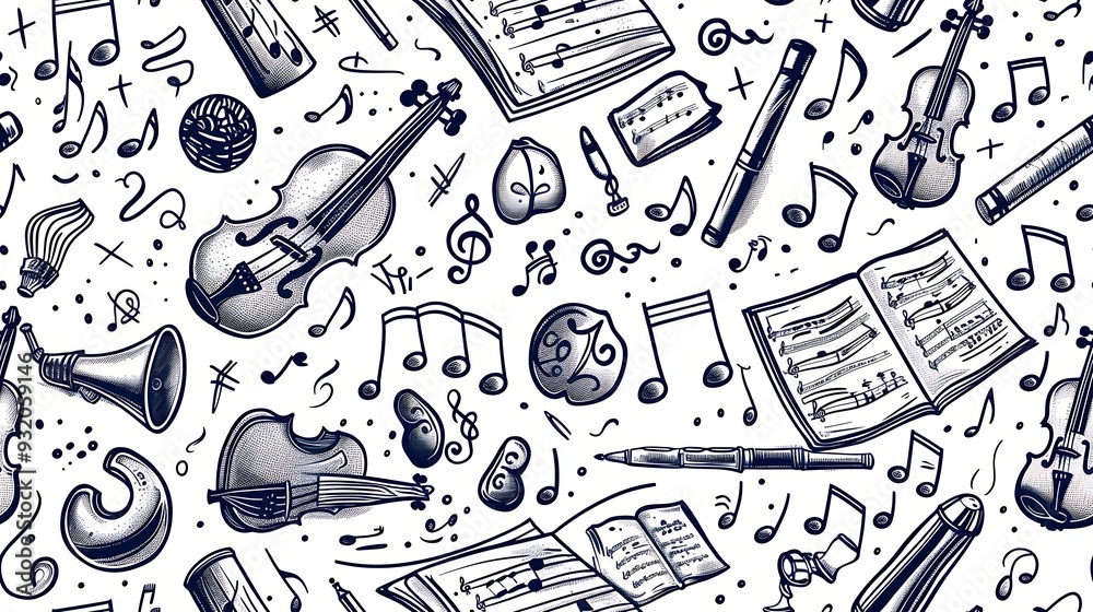 A seamless pattern of doodles with musical notes, clefs, and sheet music, alongside instruments like violins and flutes, in a dynamic and lively color scheme, on a soft yellow background, A seamless pattern of doodles with musical notes, clefs, and sheet music, alongside instruments like violins and flutes, in a dynamic and lively color scheme, on a soft yellow background,