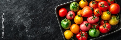 Colorful Heirloom Tomatoes in a Baking Dish on a Black Background - A variety of heirloom tomatoes in a baking dish, showcasing their vibrant colors and unique shapes. These tomatoes are ready for coo photo